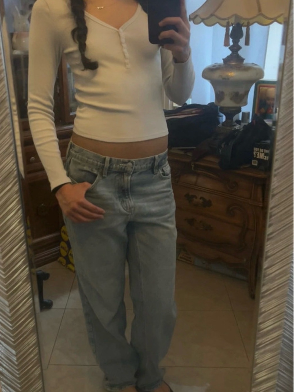 Hollister Long Sleeve Henley Top in Cream